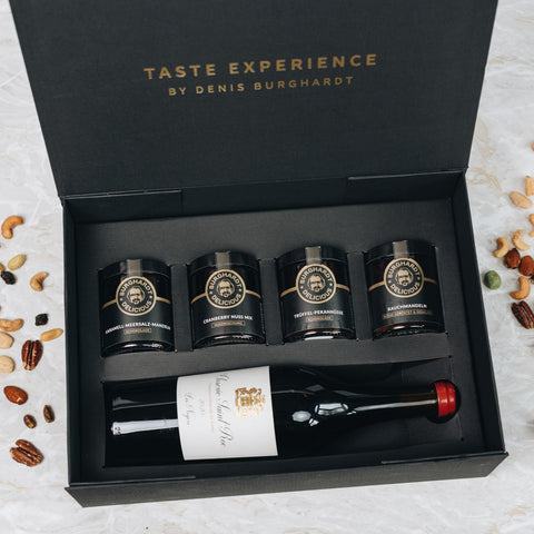Weihnachts Geschenkbox Gourmet & Wein Genuss (4 Glasdosen + Chamagner)