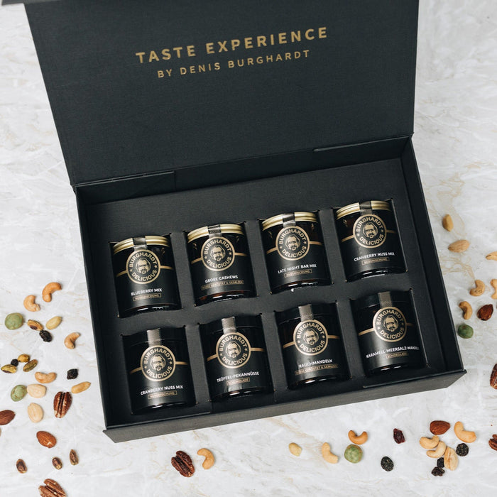 Schwarze Geschenkbox mit Premium Glasdosen von Burghardt Delicious