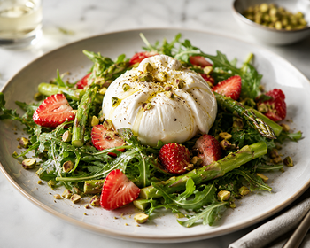 Rucola Salat mit grünem Spargel, Erdbeeren, Burrata und gehackten Pistazien von Burghardt Delicious
